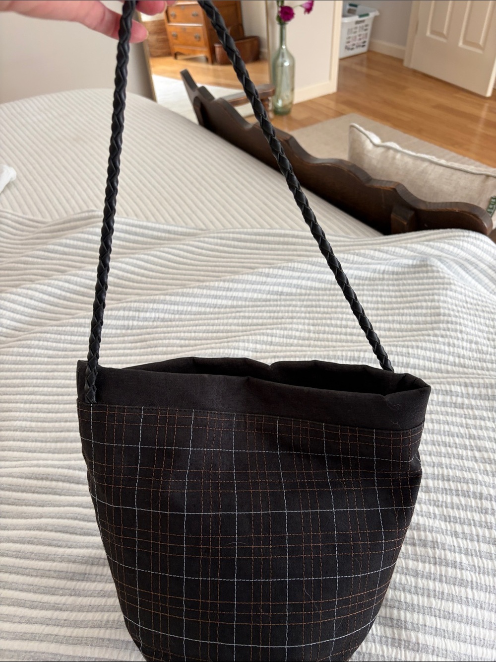 Burberry Black Checked Shoulder Bag with Braided Strap